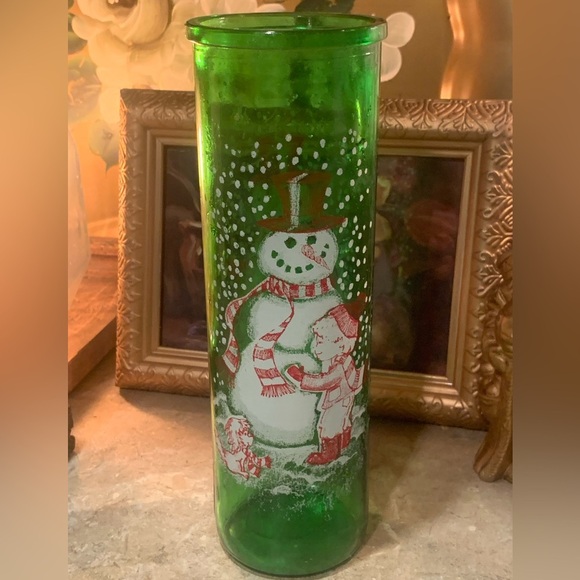 Green Glass Jar For Christmas Candle Boy Building Snowman And Dog Watching 70’s - Picture 4 of 8